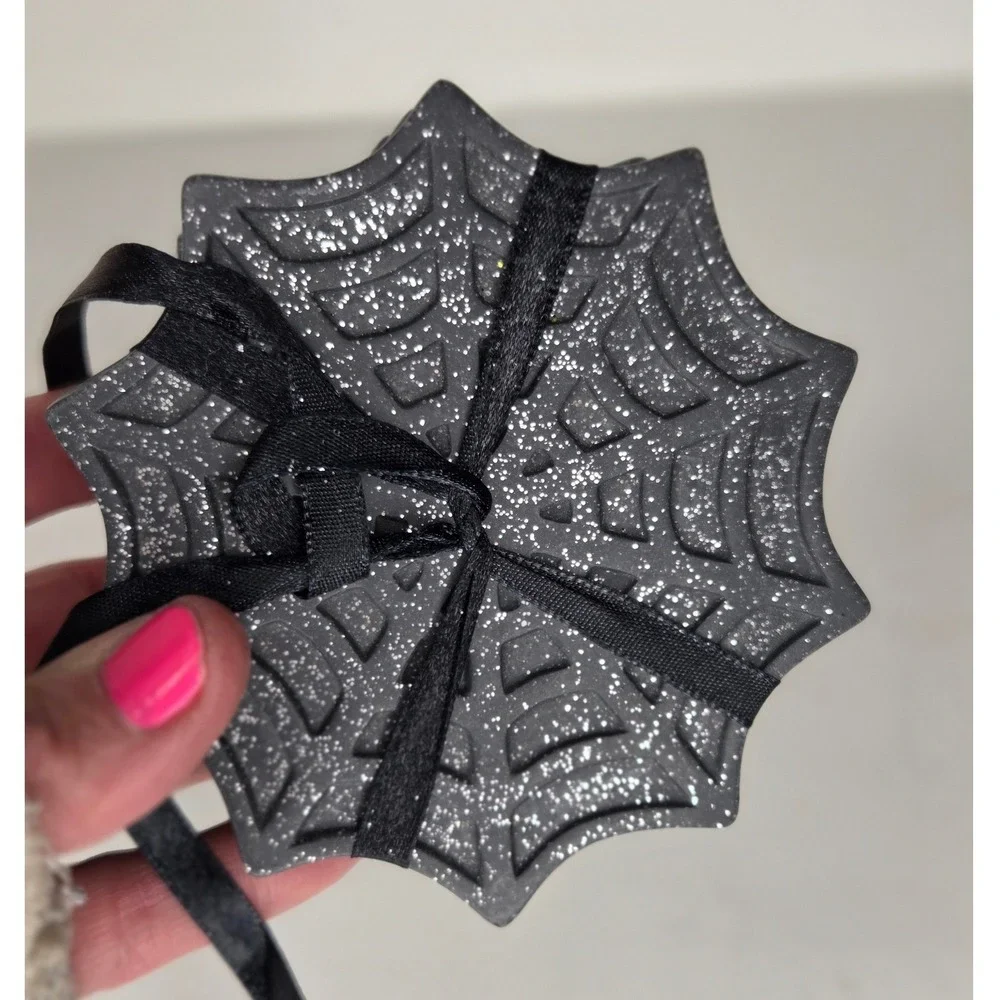Spider Web Coasters Set of 4 Charcoal Grey Silver Glitter Halloween Gothic Decor